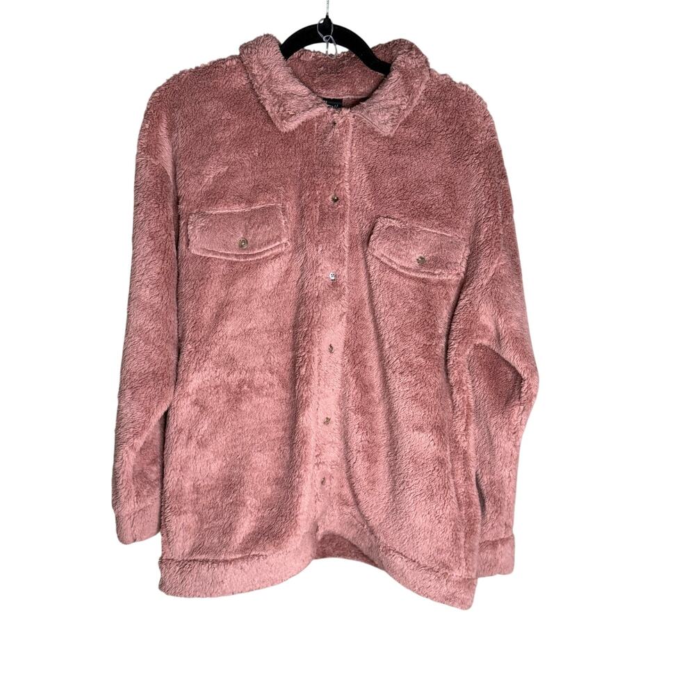 Cold Crush Blush Pink Button Down Teddy Fleece Shacket Jacket w Pockets M NWOT